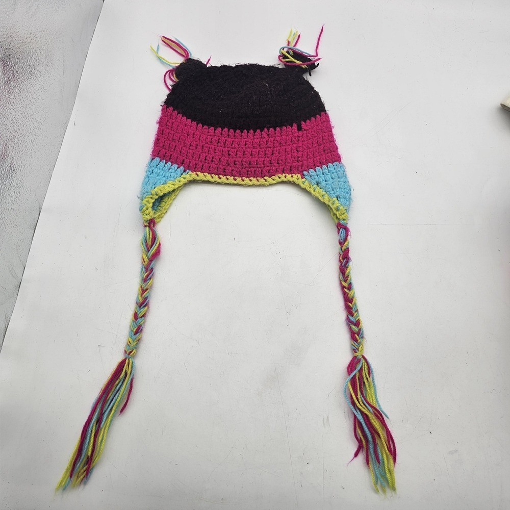 Handmade Owl Hat Trapper Girls One Size Multicolor Crochet Ear Flap Tassel - Picture 2 of 6